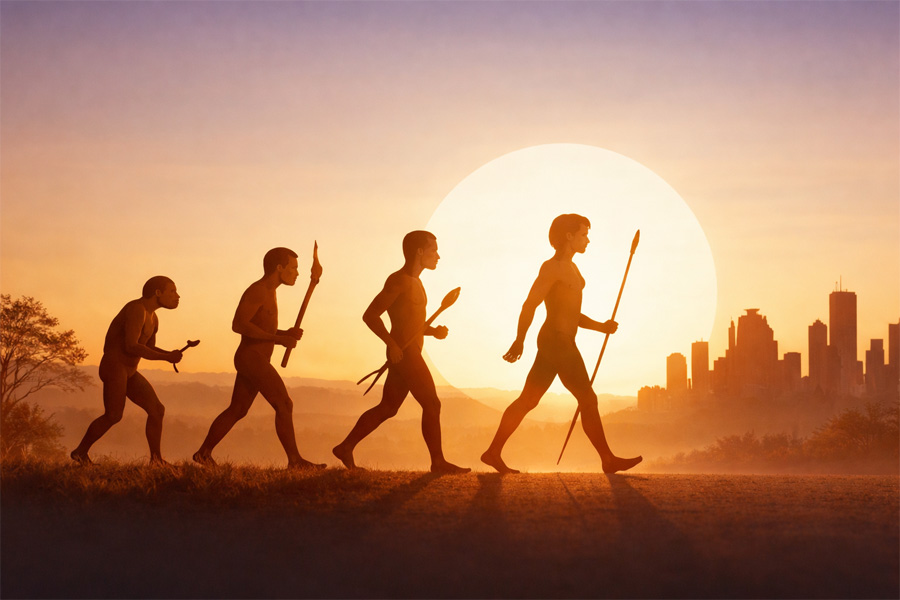 Illustration de l’évolution humaine montrant des silhouettes progressant vers l’homme moderne, symbolisant le développement psychologique, l’adaptation, le changement et l’évolution personnelle.