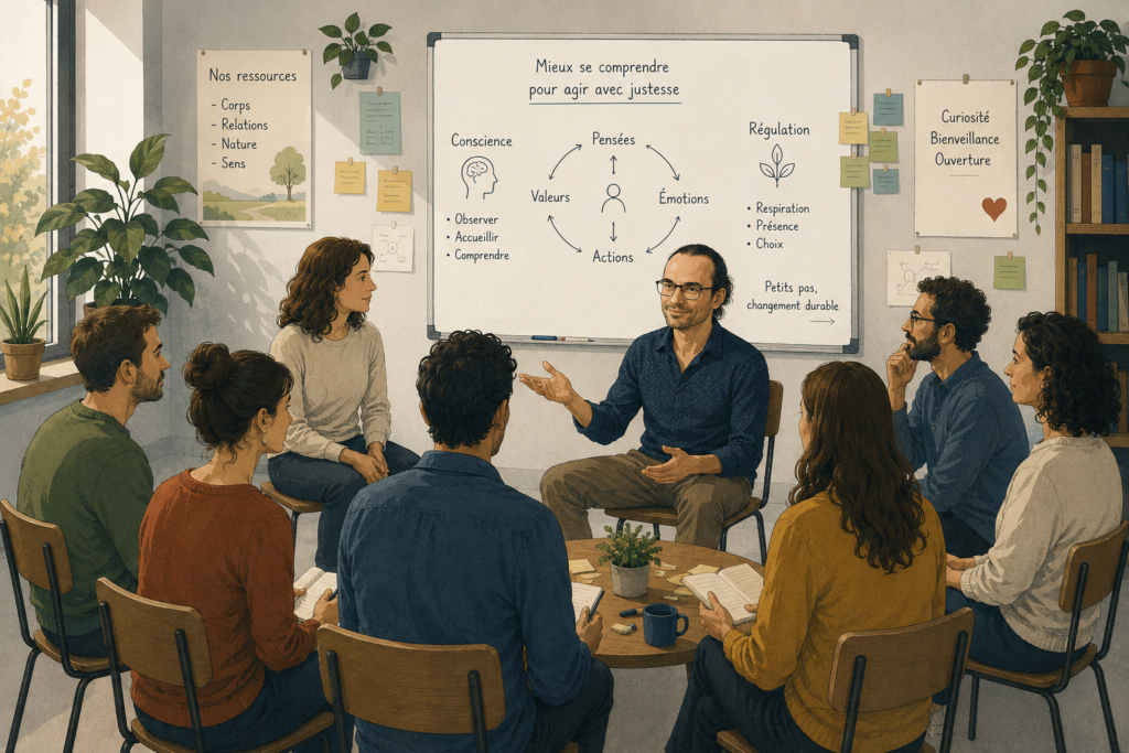 Illustration d’un atelier de psychologie en petit groupe animé par un psychologue. Les participants sont assis en cercle dans un cadre chaleureux et échangent autour des émotions, des pensées, des valeurs et de la régulation émotionnelle, dans une approche fondée sur la compréhension de soi et les petits changements durables.