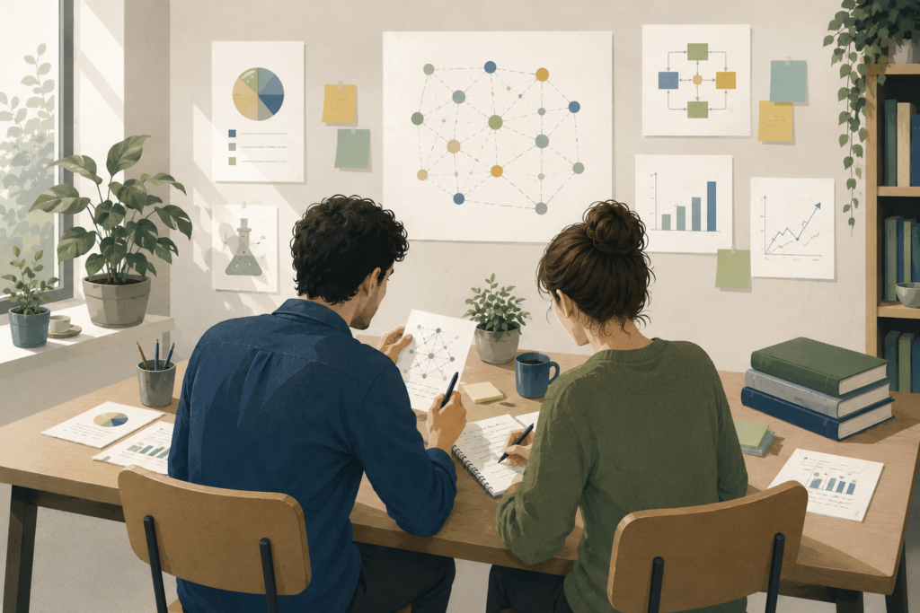 Illustration d’une collaboration scientifique en psychologie : analyse de données, méthodologie de la recherche et interprétation des résultats dans un environnement de travail favorisant le dialogue entre recherche et pratique.