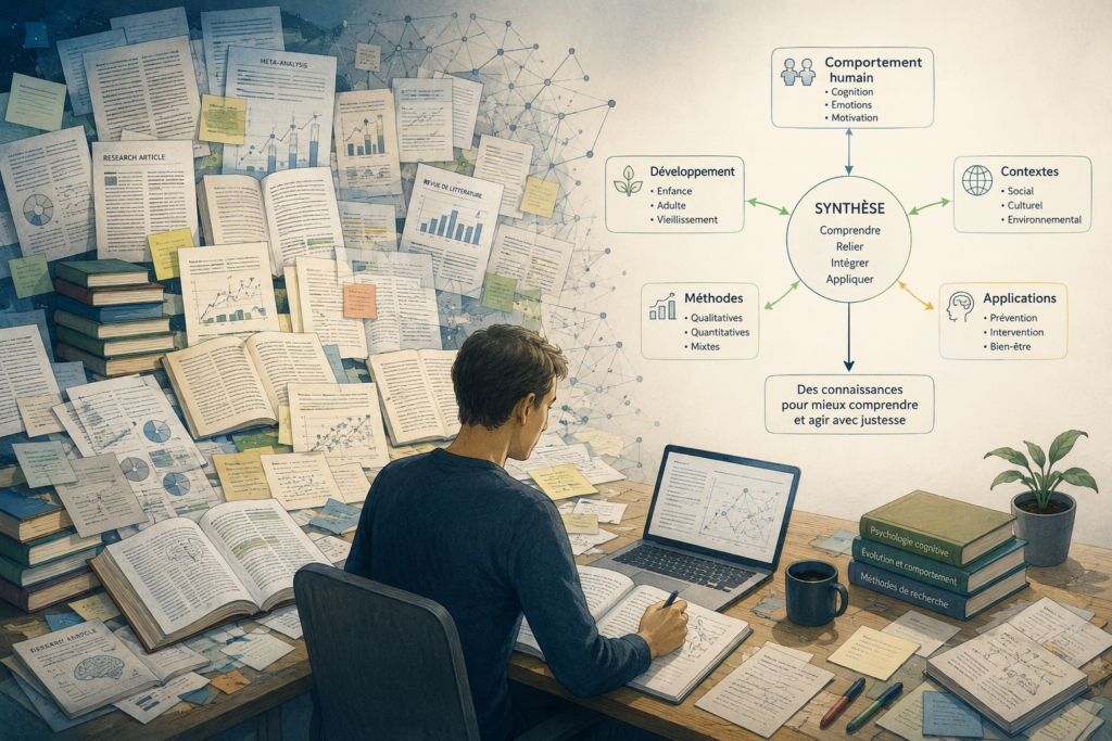 Illustration symbolisant la transformation d’un grand nombre d’informations scientifiques en connaissances structurées et accessibles, afin d’éclairer des questions complexes et soutenir la réflexion et la prise de décision.