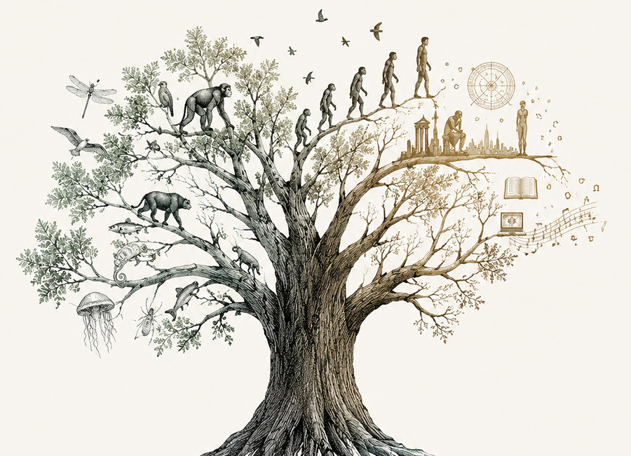 Arbre de l'évolution illustrant la diversification du vivant et l'émergence de l'humanité, de la culture, des sciences et de la technologie.