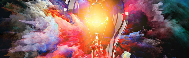 Illustration d'une ampoule émergeant d'un tourbillon de couleurs, symbolisant la créativité, l'imagination et la naissance de nouvelles idées.