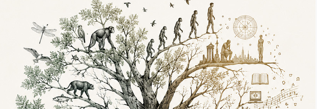 Arbre de l'évolution illustrant la diversification du vivant et l'émergence de l'humanité, de la culture, des sciences et de la technologie.