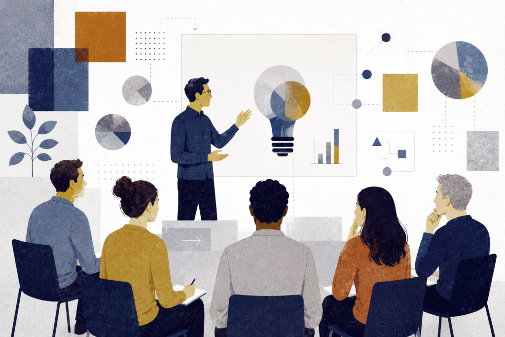 Illustration d’une intervention de formation en groupe, avec présentation de concepts, données et outils issus de la psychologie scientifique