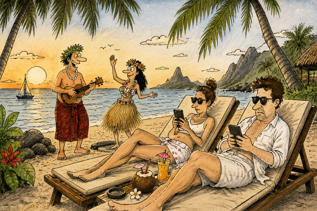 Couple sur des chaises longues consultant leurs smartphones sur une plage paradisiaque, tandis que des musiciens polynésiens jouent à proximité.