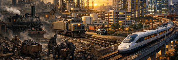 Montage illustrant l'évolution des sociétés industrielles, des mines de charbon et locomotives à vapeur vers les infrastructures modernes, les trains à grande vitesse et les villes contemporaines.