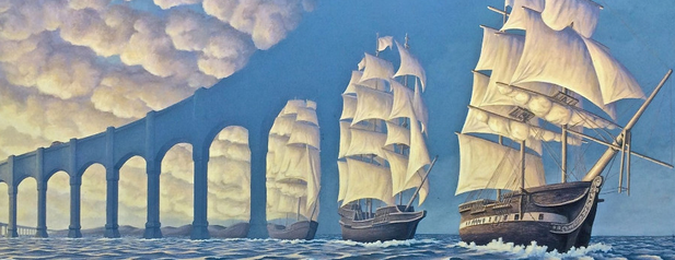 Peinture surréaliste de voiliers se dirigeant vers un immense pont, évoquant les illusions perceptives et les tours que peuvent nous jouer nos sens.