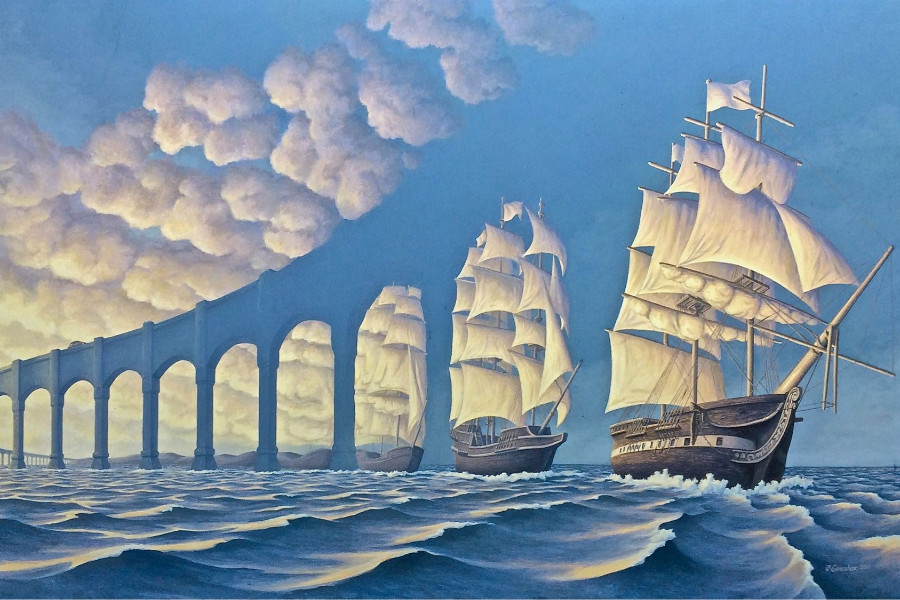 Peinture surréaliste de voiliers se dirigeant vers un immense pont, évoquant les illusions perceptives et les tours que peuvent nous jouer nos sens.