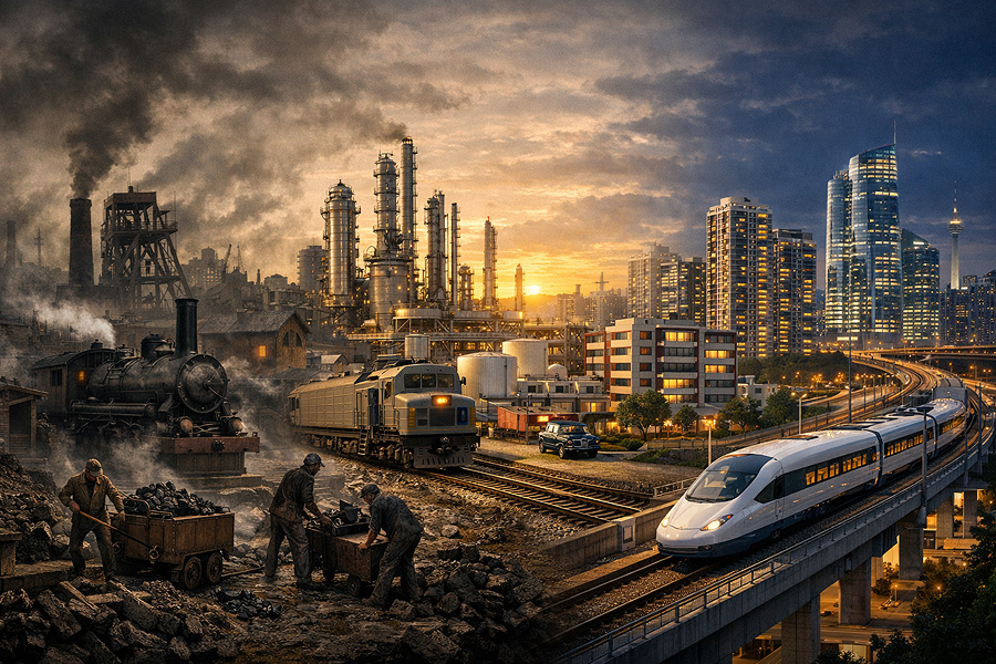 Montage illustrant l'évolution des sociétés industrielles, des mines de charbon et locomotives à vapeur vers les infrastructures modernes, les trains à grande vitesse et les villes contemporaines.
