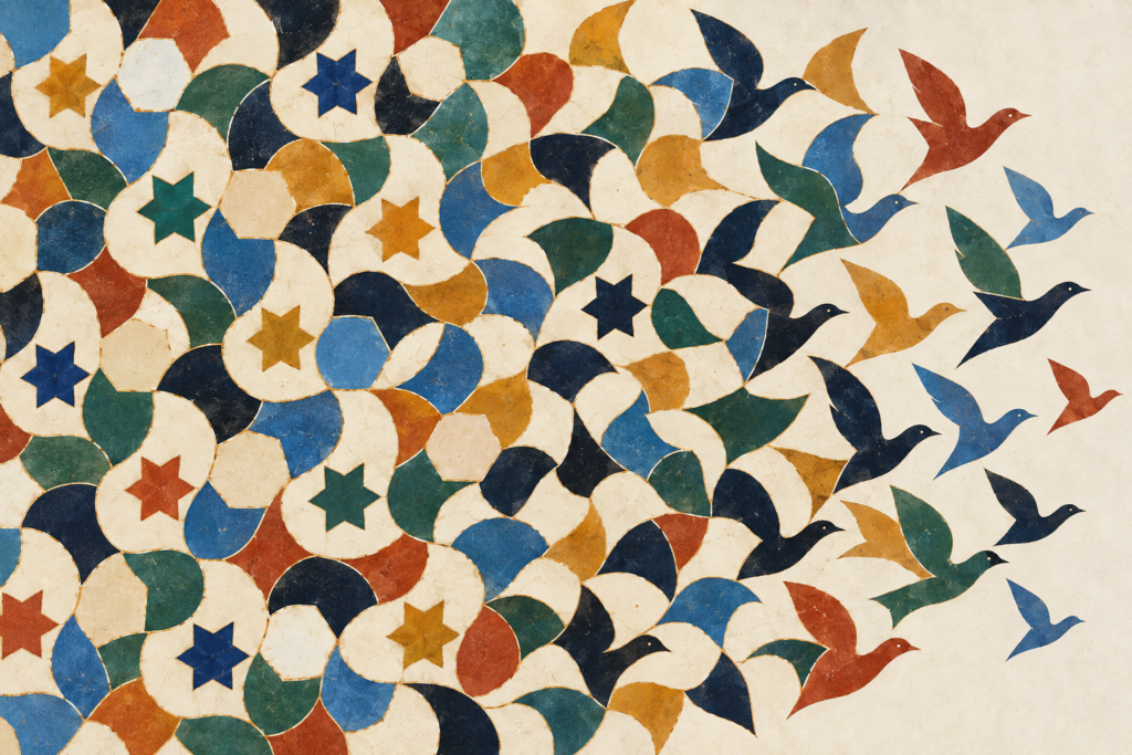 Illustration abstraite de motifs géométriques colorés se transformant progressivement en oiseaux en vol, évoquant la créativité, la transformation et l’émergence de formes nouvelles.