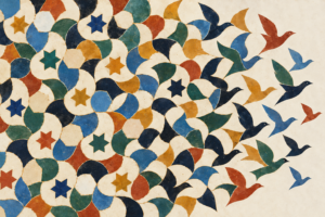 Illustration abstraite de motifs géométriques colorés se transformant progressivement en oiseaux en vol, évoquant la créativité, la transformation et l’émergence de formes nouvelles.