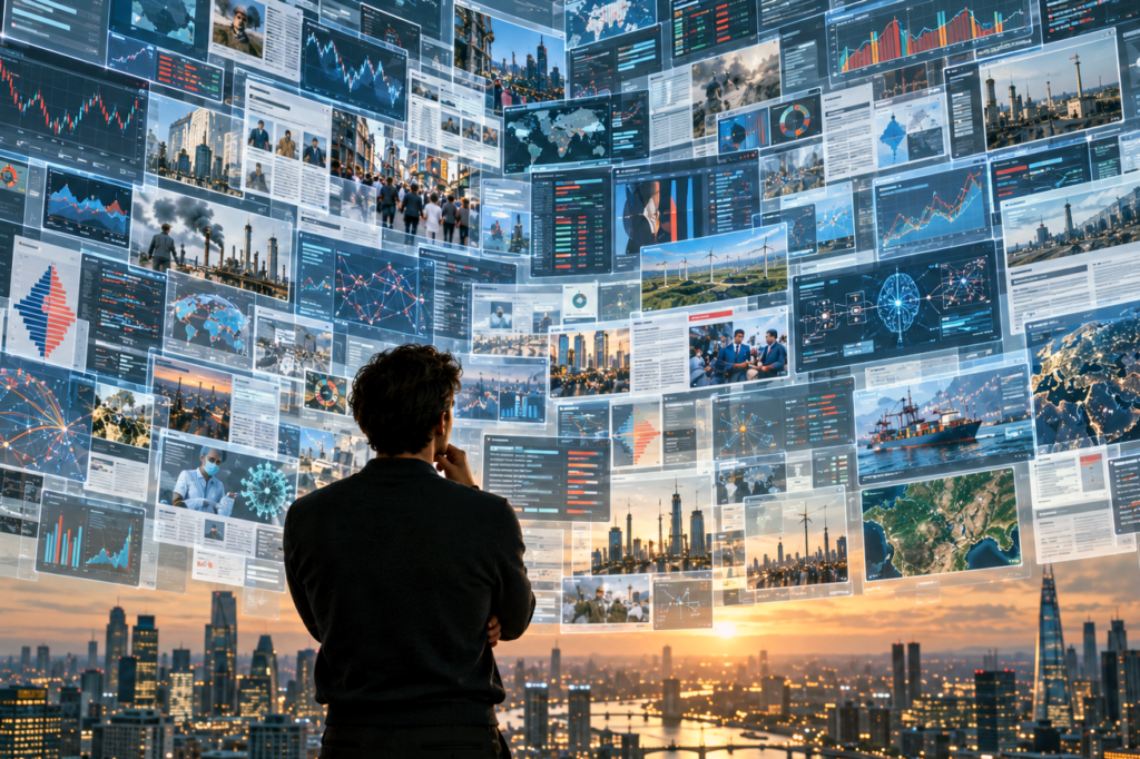 Personne observant un vaste mur d’informations, de graphiques, de cartes et d’actualités superposées, illustrant la complexité du monde et la difficulté à organiser une information surabondante.