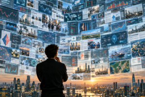 Personne observant un vaste mur d’informations, de graphiques, de cartes et d’actualités superposées, illustrant la complexité du monde et la difficulté à organiser une information surabondante.