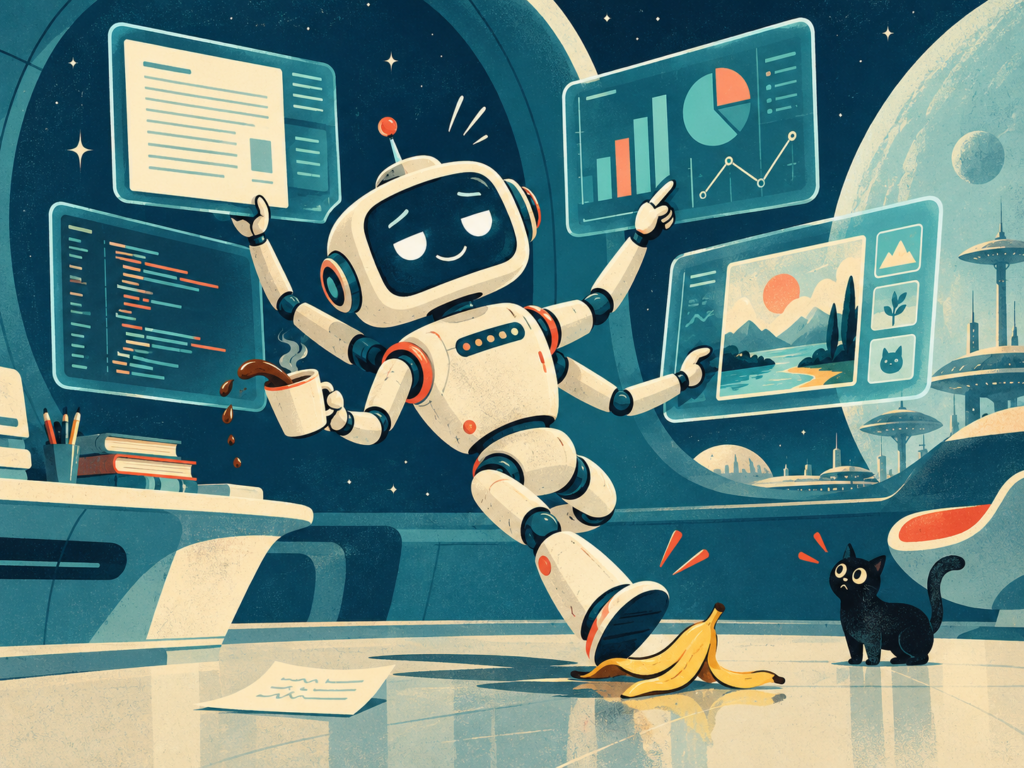 Illustration rétrofuturiste d’un robot IA multitâche utilisant plusieurs écrans et outils, tout en trébuchant sur une peau de banane.