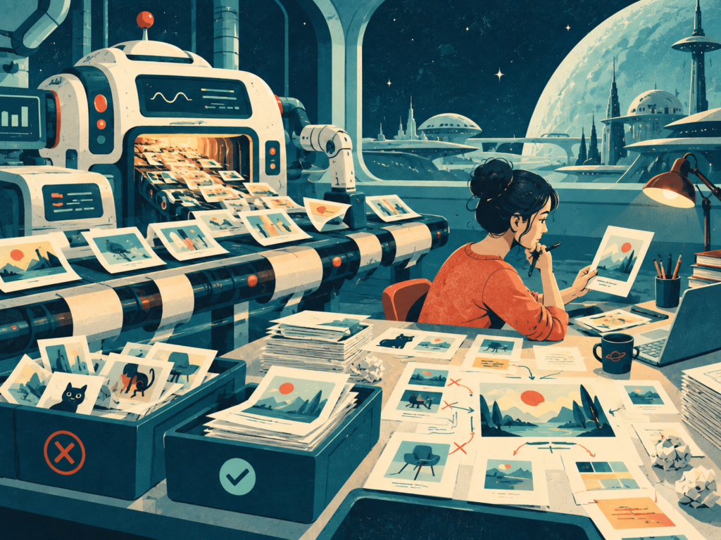 Illustration rétrofuturiste d’une machine IA générant des idées et des images, tandis qu’une personne les examine, les trie et les sélectionne.