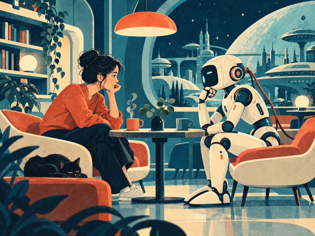 Illustration rétrofuturiste d’une personne échangeant avec un robot dans une scène intime, évoquant les relations entre humains et compagnons IA.