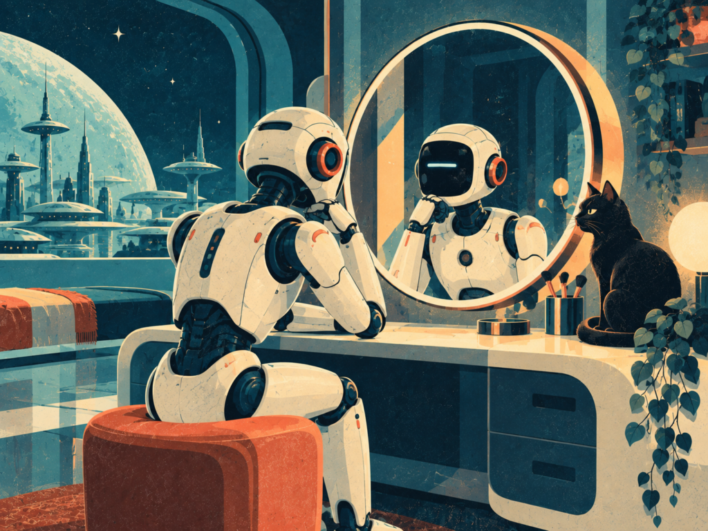 Illustration rétrofuturiste d’un robot observant son reflet, évoquant la question de la conscience et de l’expérience subjective chez les intelligences artificielles.