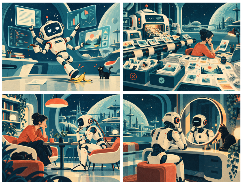Illustration rétrofuturiste en quatre scènes montrant une IA comme assistant, outil de production, interlocuteur et miroir, autour des usages et des limites de l’intelligence artificielle.